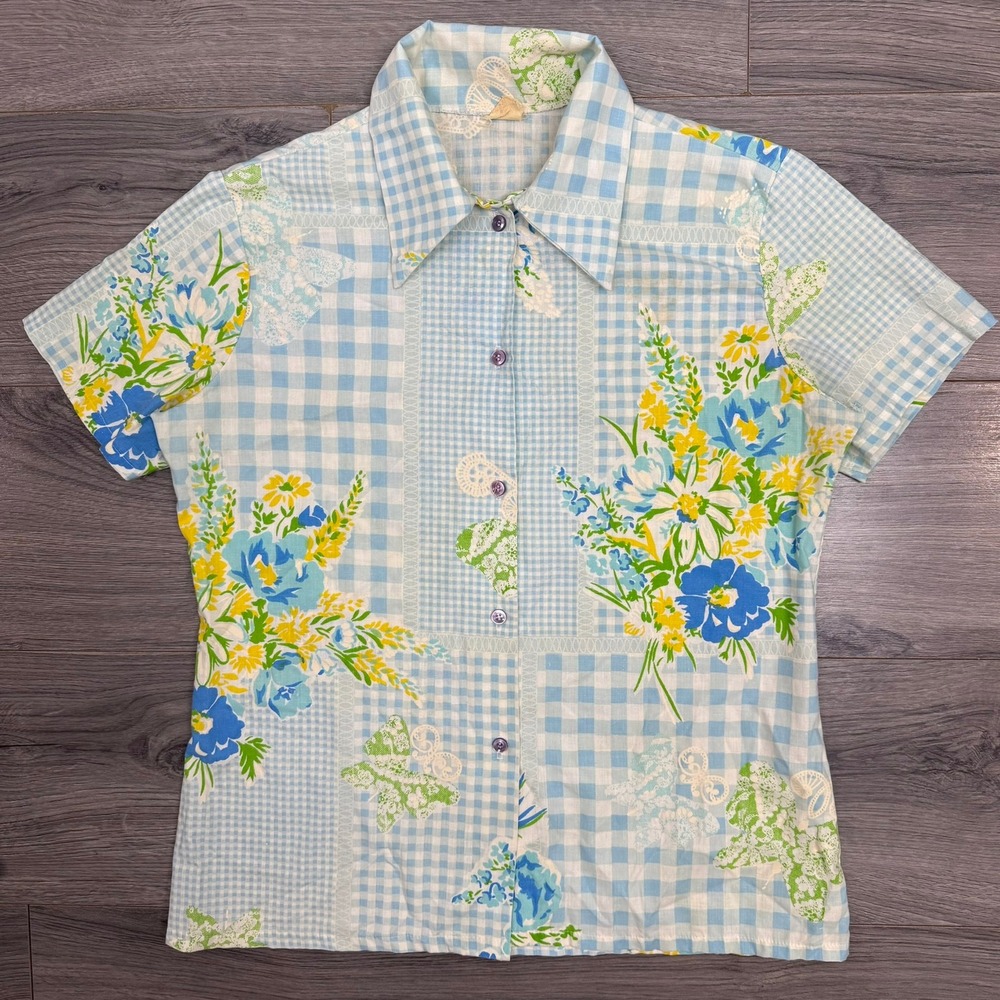 VTG Patchwork Gingham Floral Print Button Up Shirt Women's Est Sz L White FLAWED